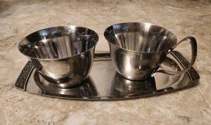 Springtime vintage 3 pc stainless sugar, creamer & tray with floral pattern